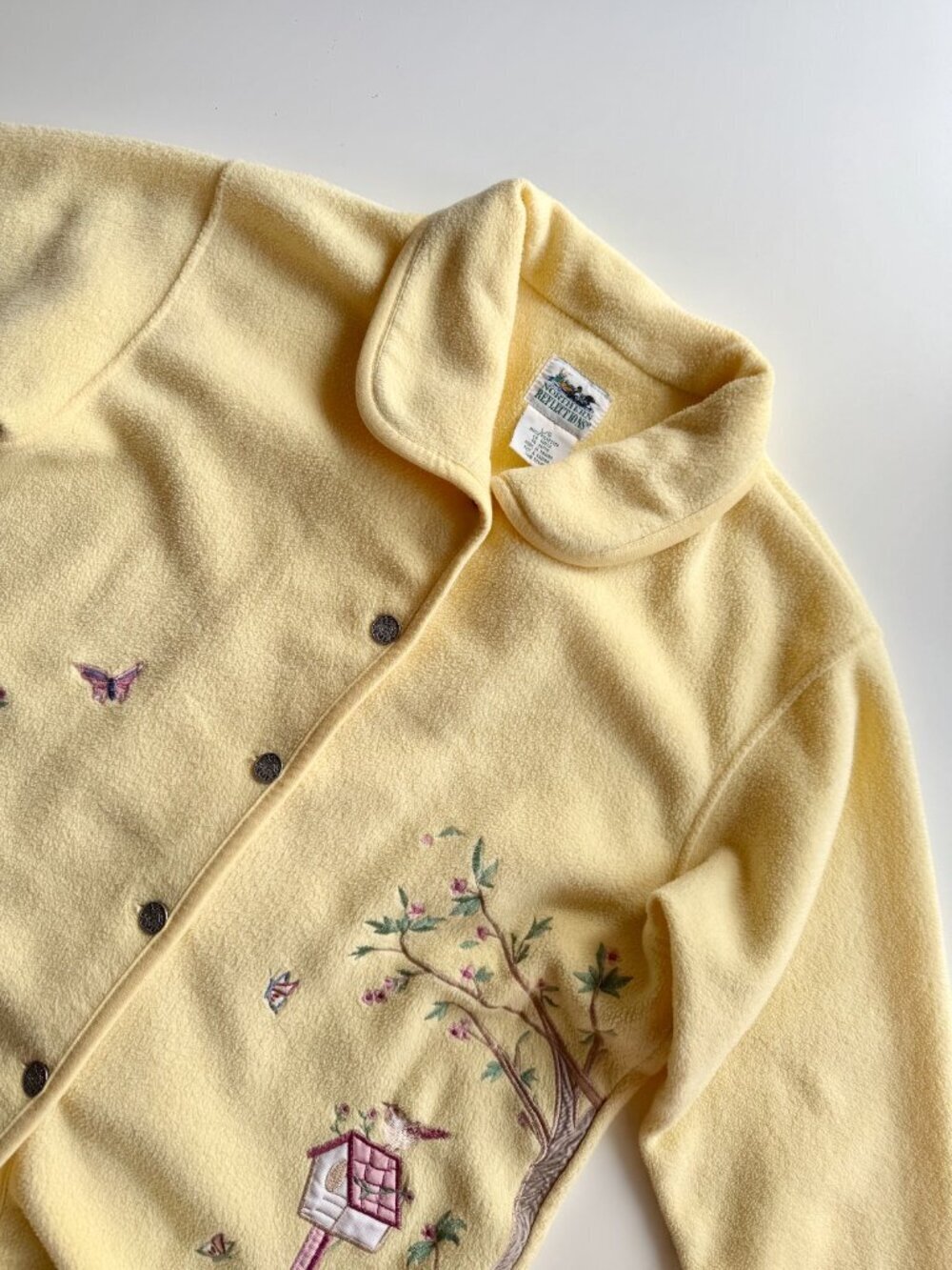 Vintage 00's NORTHERN REFLECTIONS Yellow Embroidered Bird Fleece Jacket, Size L - Picture 6 of 15